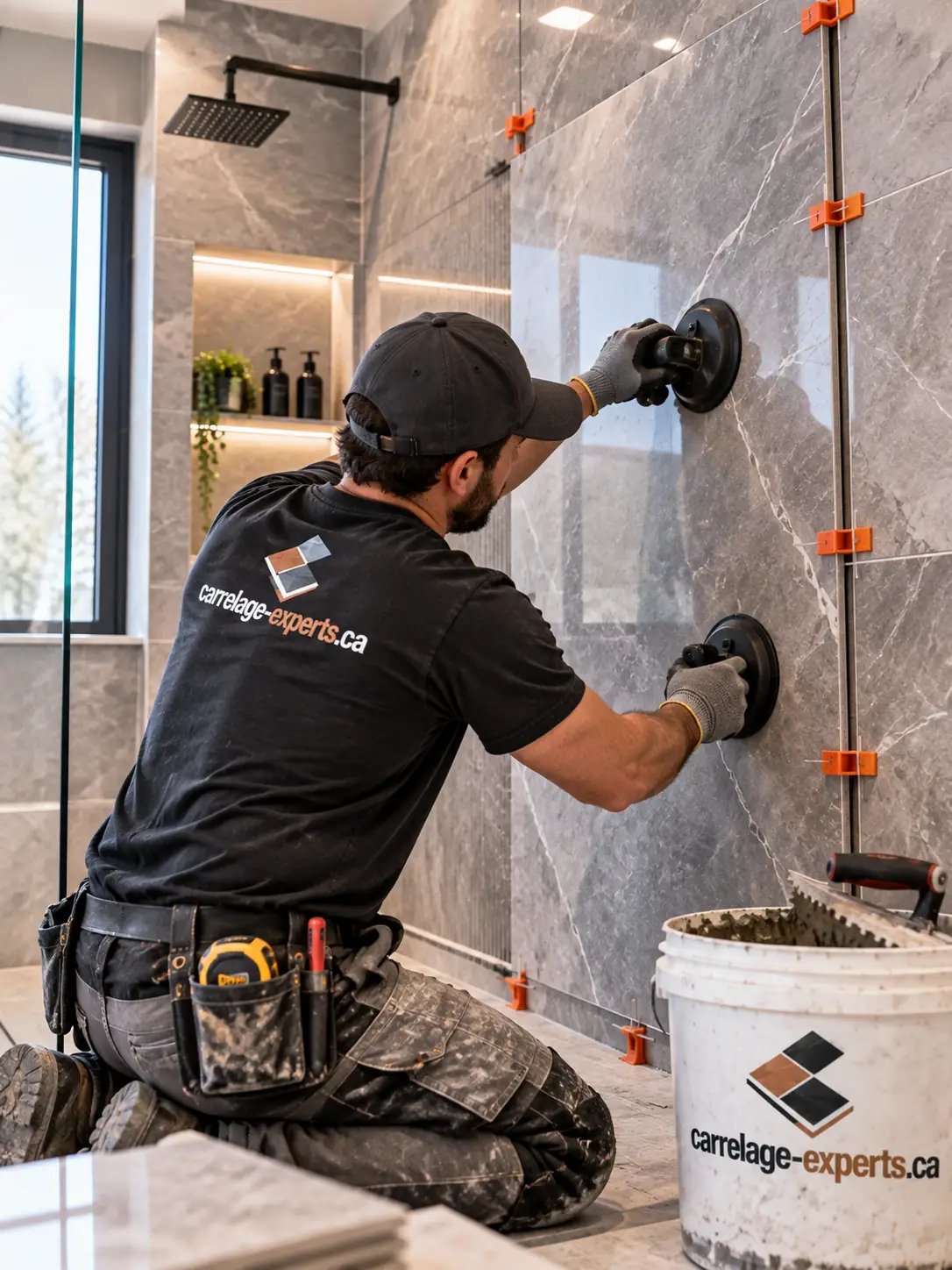 Pose de grandes dalles murales dans une douche